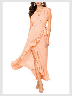 Bebe Wrap Maxi Dress Coral Peach Ruffle V-Neck Size S